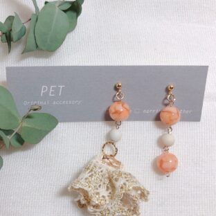 マーブルガラスボール×レース【orange】（ピアス・イヤリング）